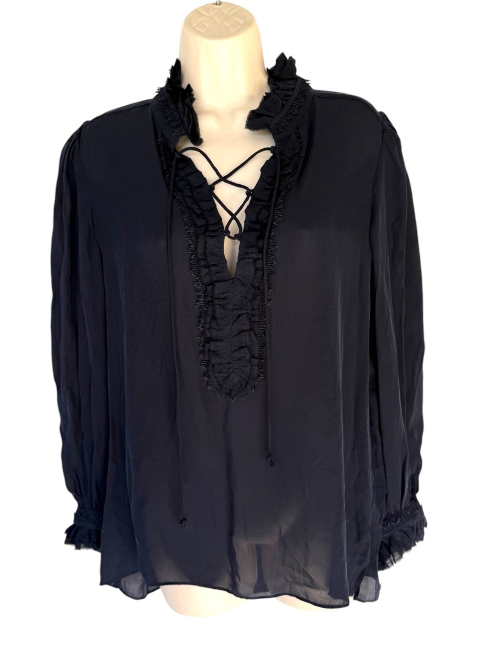 Kobi Halperin Navy Silk Blend Lace Up Ruffle Blouse Boho Romantic Top M